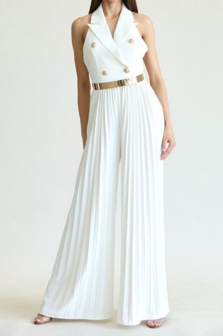 Meet Me Now Off White Pleated  Halter Jumpsuit