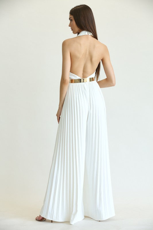 Meet Me Now Off White Pleated  Halter Jumpsuit
