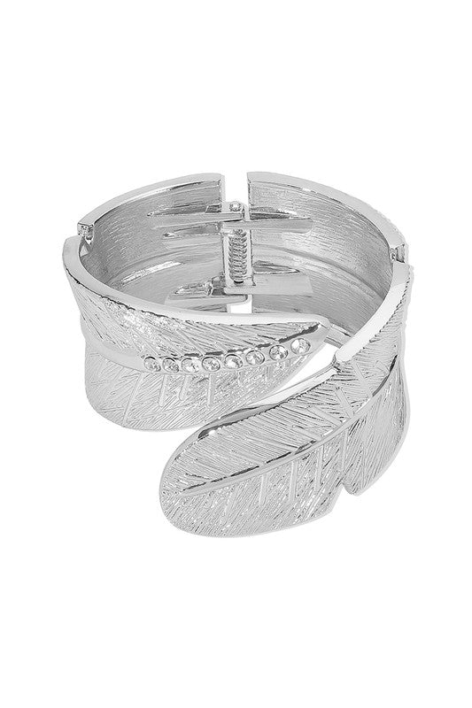 Rhinestone Metal Leaf Feather Bangle Bracelet
