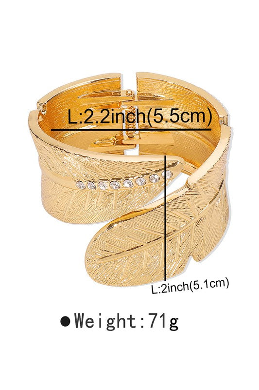 Rhinestone Metal Leaf Feather Bangle Bracelet