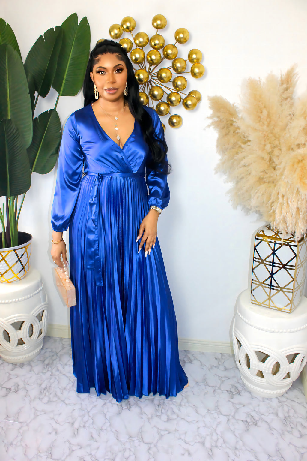 Slay The Way Long Sleeve Pleated Bodice Maxi Dress