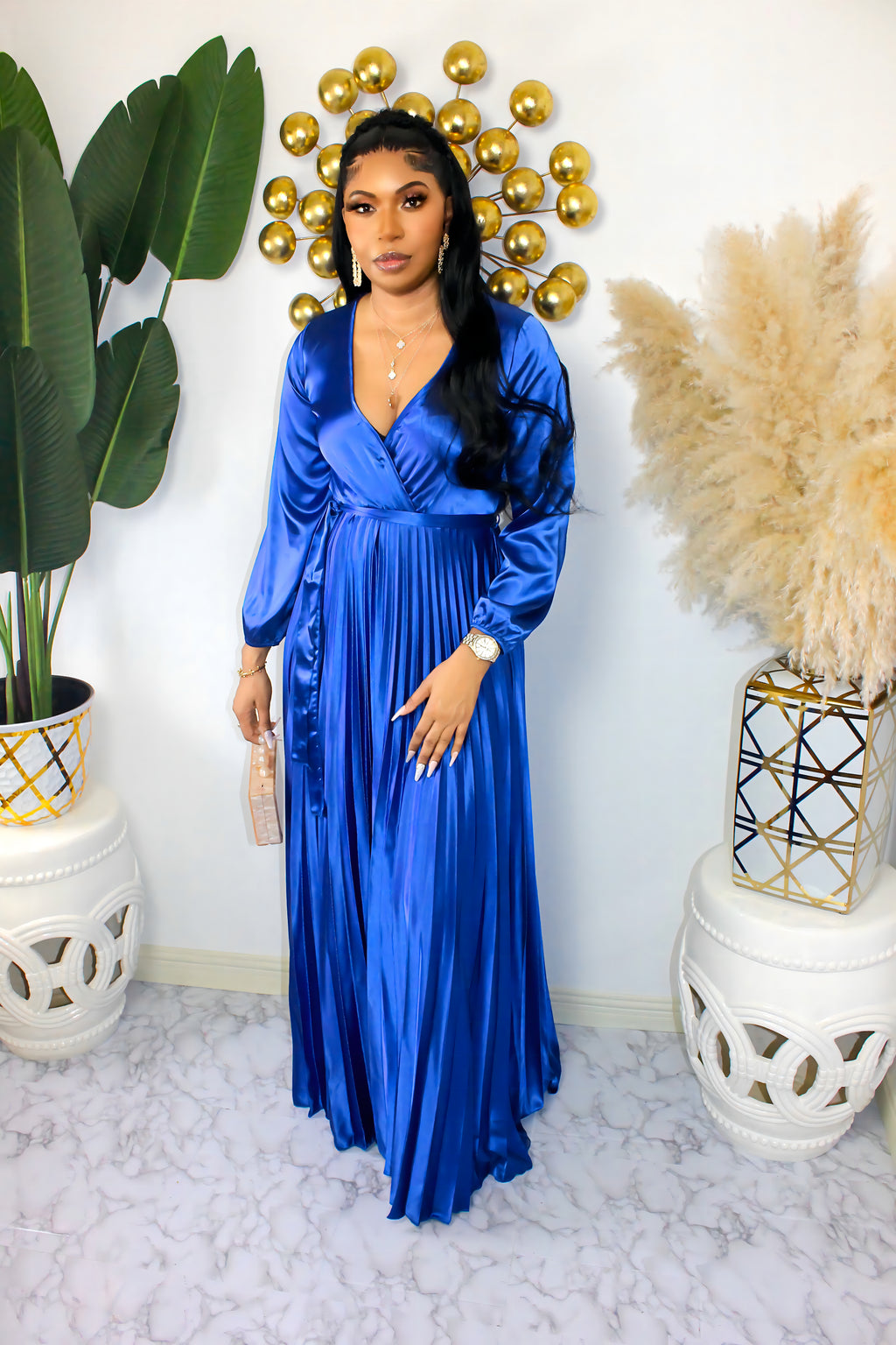 Slay The Way Long Sleeve Pleated Bodice Maxi Dress