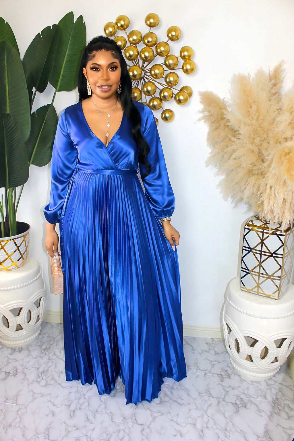 Slay The Way Long Sleeve Pleated Bodice Maxi Dress